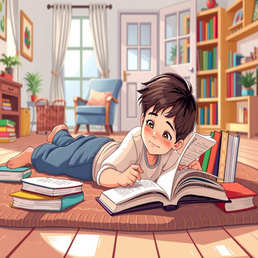 Create an illustration of a young boy lying on a rug, engrossed in a book, surrounded by colorful books, with a cozy living room background featuring a chair and an open door, captured in a bright, vibrant style with soft lines and warm colors, utilizing a Canon EOS 5D Mark IV, 50mm lens, f/4 aperture, ISO 200, natural light for enhanced quality.