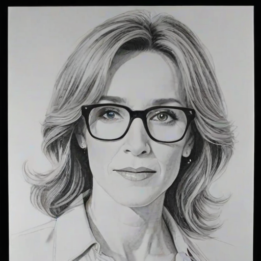 Attractive Felicity Huffman, pencil sketch, portrait of Wonderful woman 1966s in glasses, hair style beatnik, outline, clear lines, fine lines, 8k