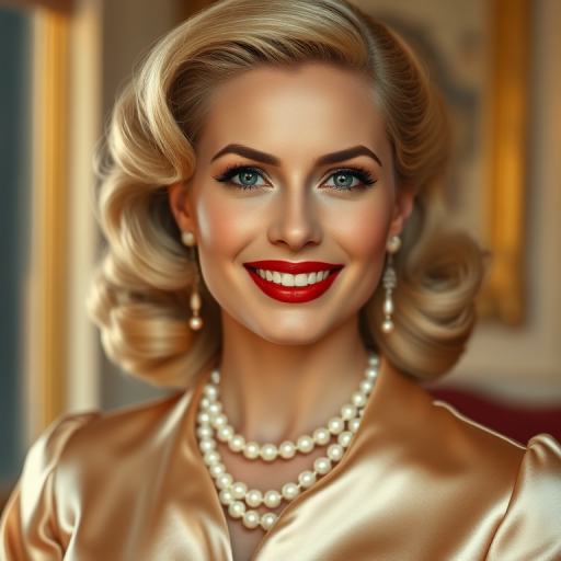 A beautiful Creole woman reminiscent of 1950s Hollywood glamour, with perfectly styled blonde hair and a seductive smile, dressed in a satin blouse and adorned with pearls, soft and warm tones, photorealistic, 8K