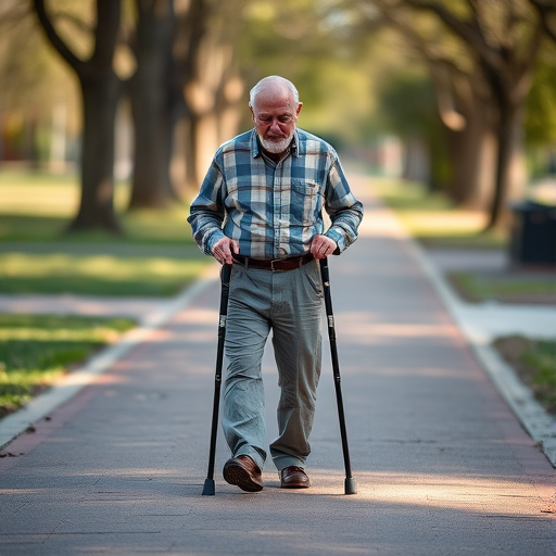 Elderly man walking with a cane on a park pathway, captured with a Canon EOS R5, 50mm lens, f/1.8 aperture, ISO 200, natural lighting, shallow depth of field for a soft background blur.