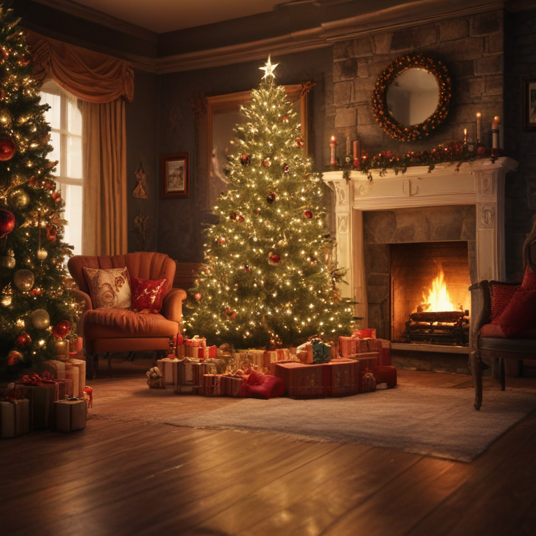 A Cozy Living Room with Beautifully Decorated Christmas Trees and Gifts.