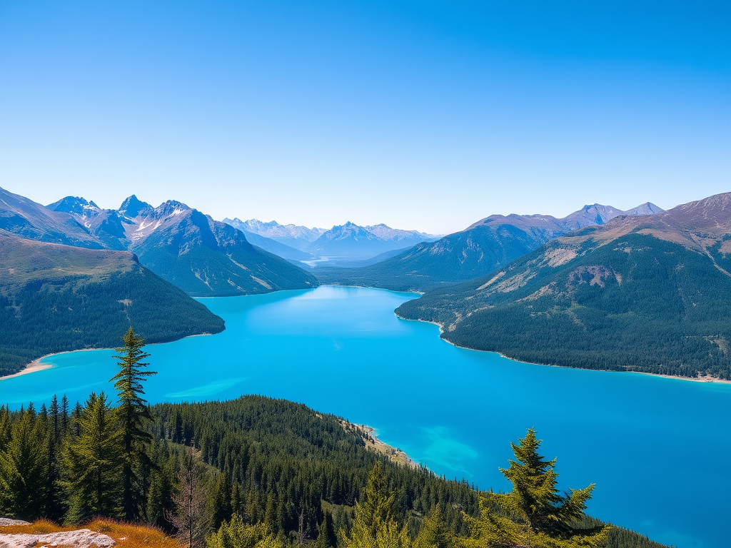 a vibrant landscape of a clear blue lake surrounded by mountains under a bright blue sky, captured with a DSLR camera at 24mm focal length, aperture f/8, ISO 100, with a landscape view, using natural light to enhance colors and details.