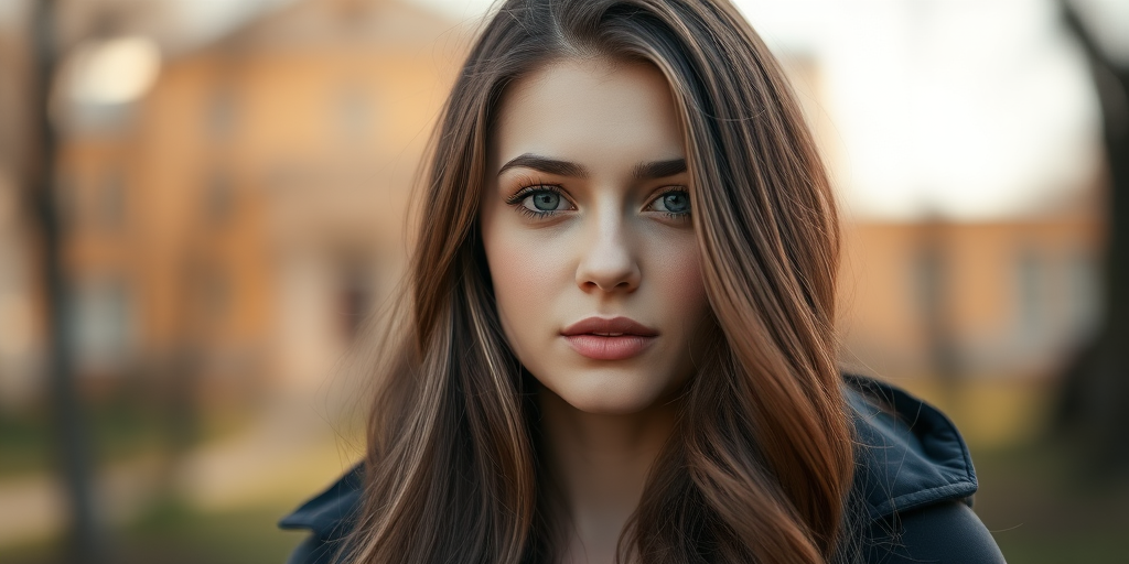 Create a portrait of a young woman with long brown hair and a soft expression, wearing a dark jacket, shot in natural light with a shallow depth of field, using a Canon EOS R5, 85mm f/1.2 lens, ISO 100, aperture f/1.2, and a slight vignette effect for a dreamy background.