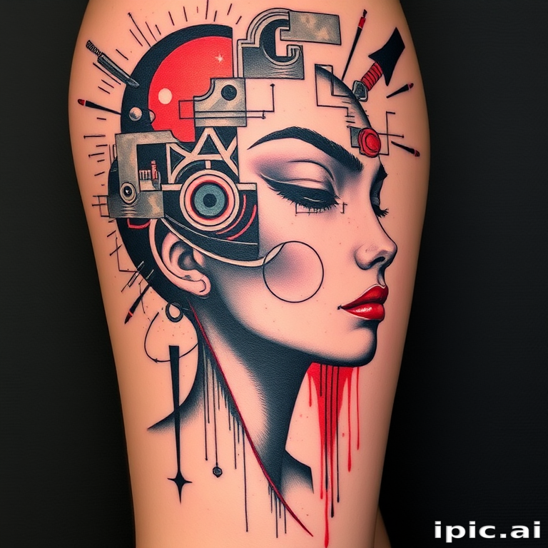 Avant-garde tattoo called "Fragmented Reality" blending abstract shapes, distorted portraits, and surreal elements in a collage-like composition, challenging traditional tattoo conventions with its experimental approach