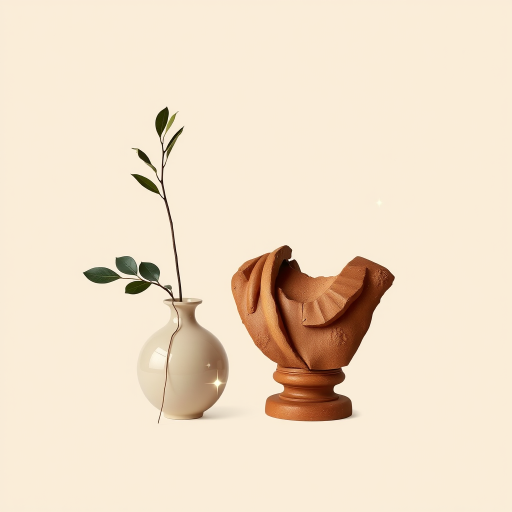 Create a minimalist artwork featuring a broken statue bust in earthy tones, a decorative vase with a leaf, a crescent moon, and twinkling stars in a soft beige background, using a DSLR camera with a 50mm lens, aperture f/2.8, ISO 100, and natural lighting for even illumination.
