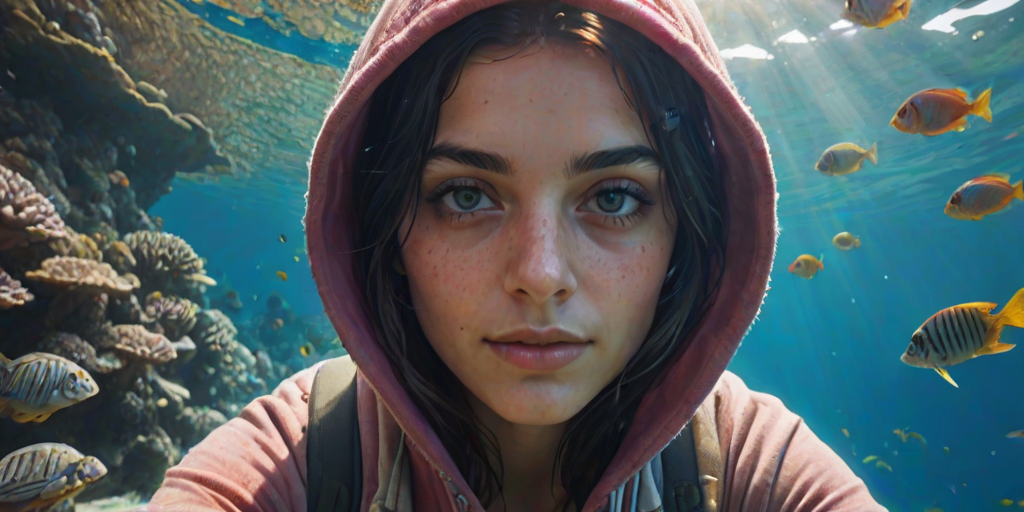 Realistic selfie image of a Turkish, wearing a vintage outfit, detailed dreamy eyes, droopy hooded eyes, staring at the camera, taken underwater at coral reef with a sunbeam filtering through the water, vibrant, summer vacation, natural lighting, turtle and school of tropical fish with vibrant colors, rendered in the style of CryEngine, Pegi Nicol MacLeod, with realistic genre scenes, hauntingly beautiful narratives, ultra-realism, and Thomas Saliot's close-up technique, 8K resolution, crystal clear and sparkling water.