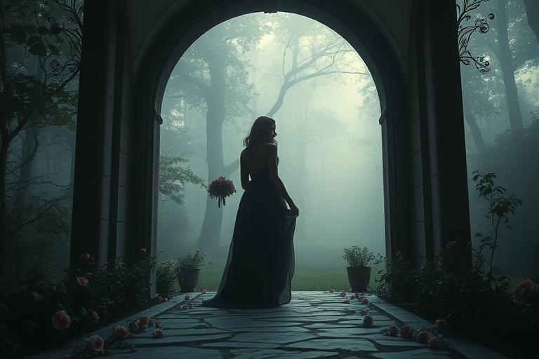 A mysterious figure in a flowing dark gown stands beneath an ornate archway leading to a misty forest, soft ethereal light filters through the trees, roses adorn the stone pathway, shot at f/1.8, ISO 100, 50mm lens, low angle view, using a digital SLR camera, cinematic style.
