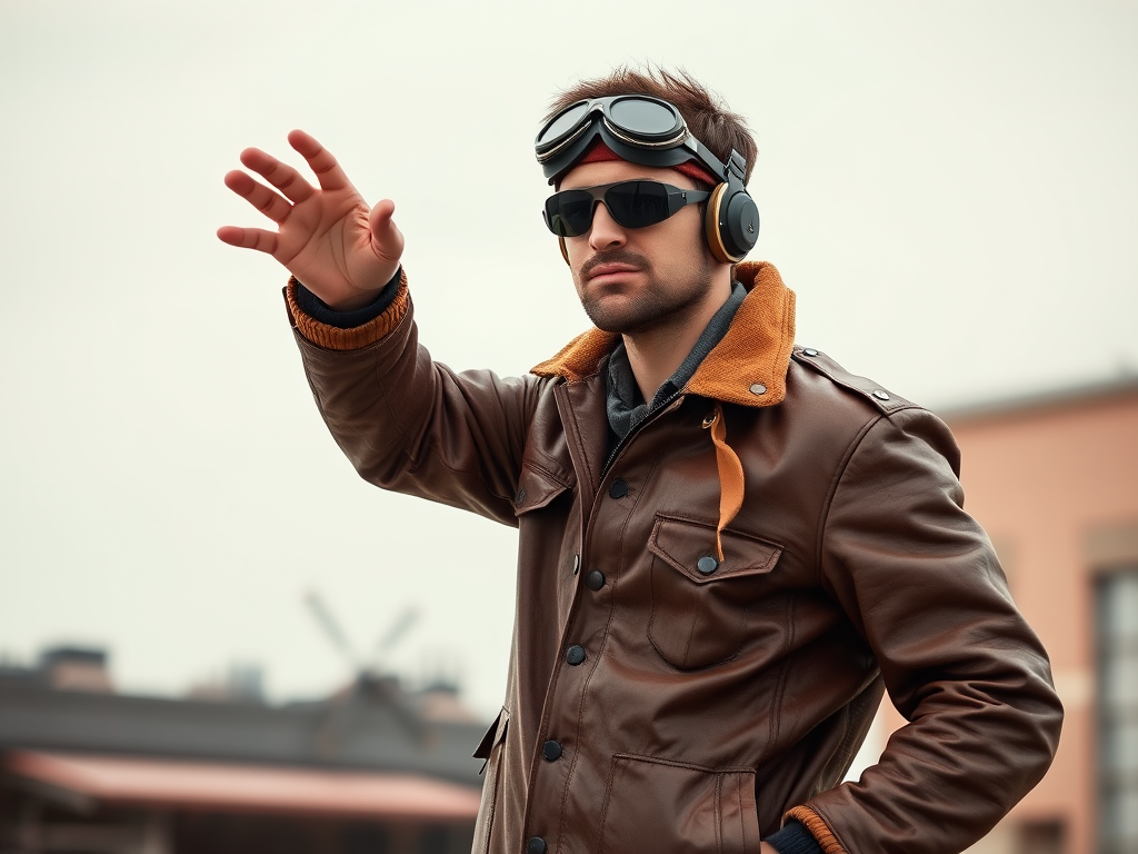 Create an image of a confident aviator wearing a brown leather jacket and goggles, standing with one hand gesturing, captured in high resolution with a DSLR camera at f/2.8, 1/125s shutter speed, 50mm lens, natural lighting, and a slight low angle view for depth.