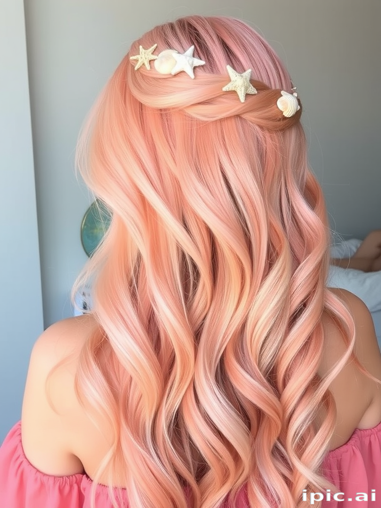 Ethereal pastel peach to soft coral ombre styled in loose beachy waves, adorned with delicate seashells and starfish for a mermaid-inspired look