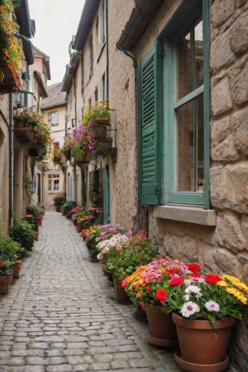 Soft-focus image of a narrow cobblestone street in a charming European village, with colorful flowers blooming in window boxes, and soft sunlight illuminating the quaint buildings.