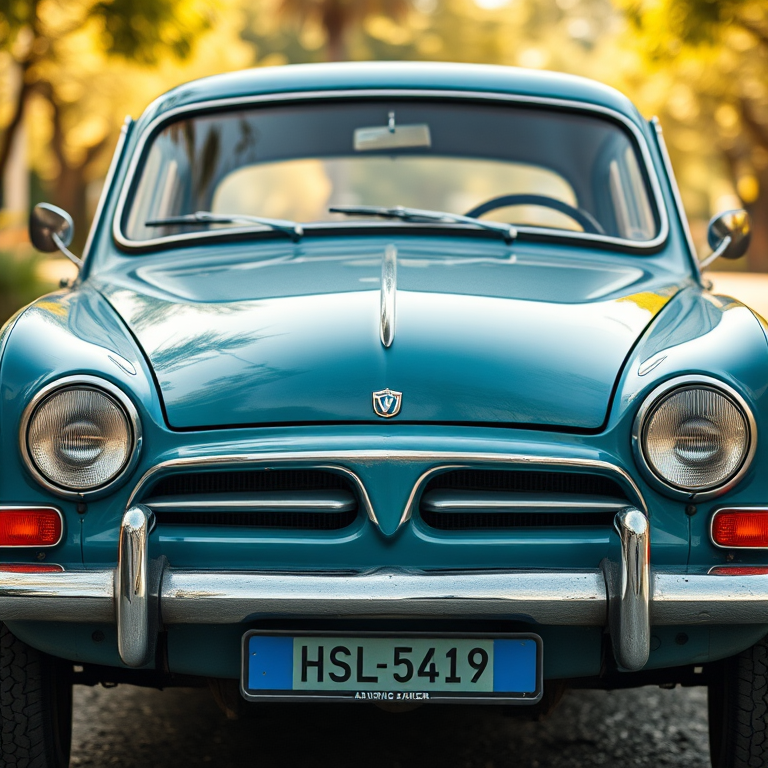 vintage car front view, high-resolution, f/2.8 aperture, ISO 100, 1/200 sec shutter speed, portrait mode, DSLR camera, natural lighting, soft background blur