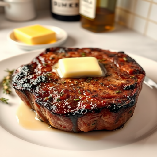 Create an image of a perfectly seared ribeye steak, resting on a white plate with a pat of melting butter on top. The steak is seasoned with fresh herbs like thyme and parsley, with glistening juices highlighting the texture of the meat. The background features a soft focus on a light, marble countertop, with a small dish of butter and an olive oil bottle in the distance. The overall mood should be warm and inviting, capturing the deliciousness and juiciness of the steak.