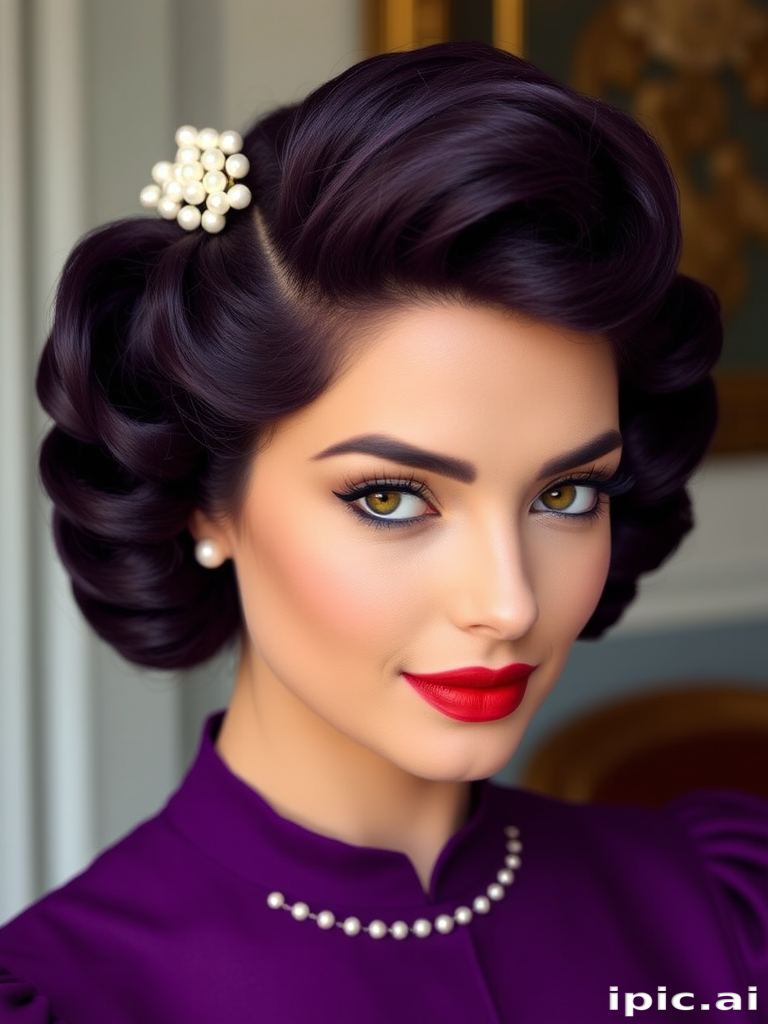 Regal deep purple victory rolls with a vintage-inspired silhouette, adorned with delicate pearl hair accessories for a touch of old Hollywood glamour