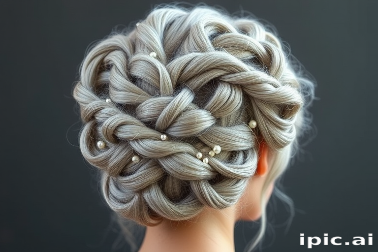 Silvery gray hair fashioned into an elaborate updo named "Moonlit Sonata," features intricate twists, braids, and curls woven together to create a stunning sculptural effect, adorned with delicate pearl pins for added elegance