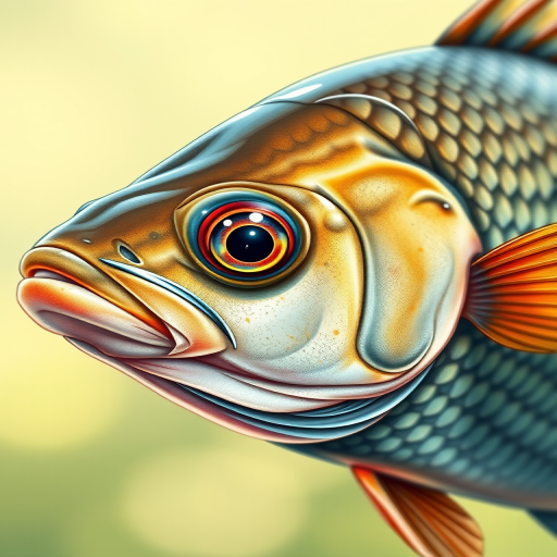 Create a detailed illustration of a fish with realistic scales and textures, using a high-resolution camera with a 50mm lens, f/2.8 aperture, and ISO 100 for sharp focus and vibrant colors, captured from a side view with soft natural lighting to enhance the image quality.