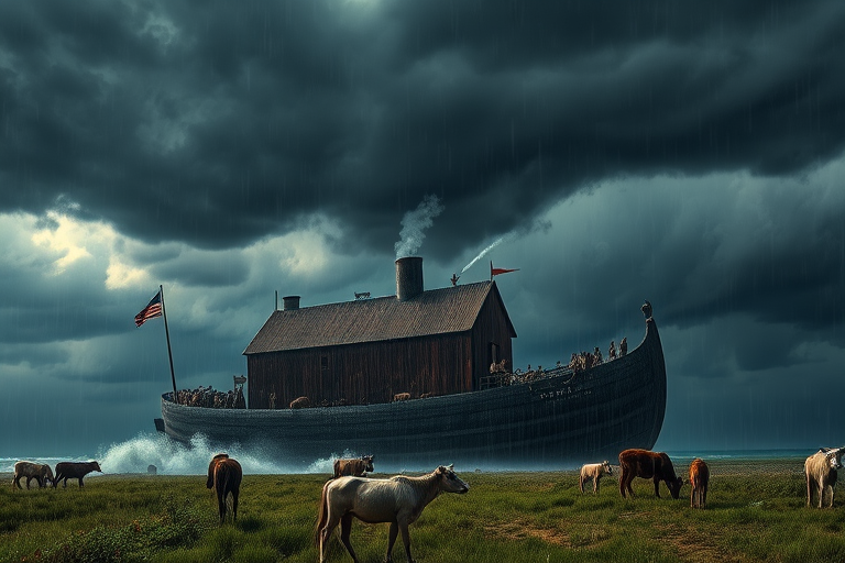 Dramatic scene of Noah's Ark amidst a powerful storm with dark clouds and heavy rain, animals visible on land and in the ark, captured with a Canon EOS R5, 24mm lens, f/8 aperture, ISO 100, in HDR style for enhanced contrast and detail.