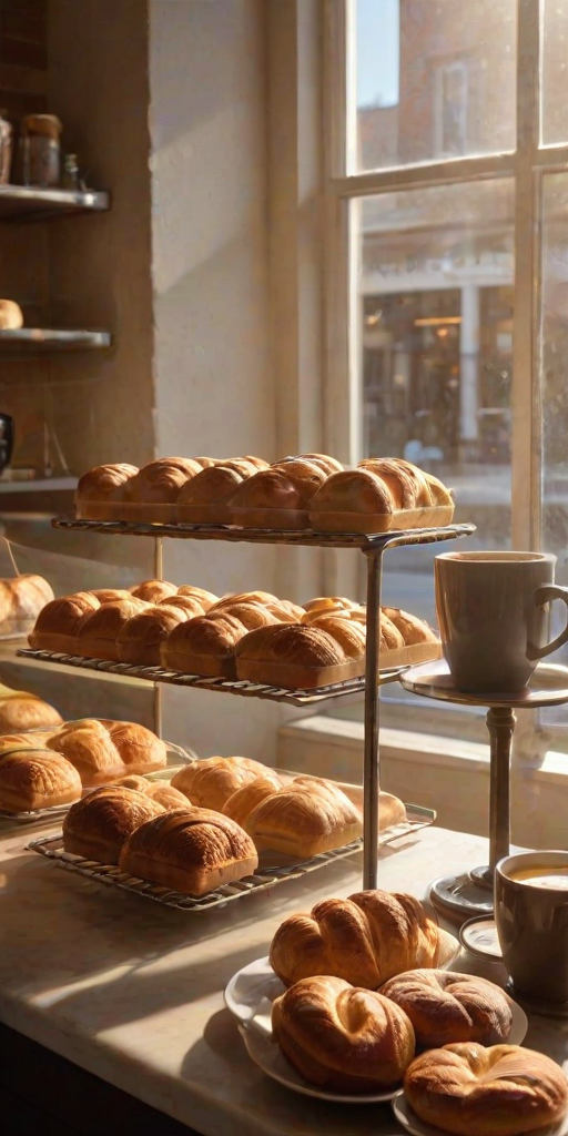 Warm, softly lit image of a bakery counter filled with freshly baked pastries, soft steam rising from a cup of coffee, sunlight streaming through the window, the smell of cinnamon and fresh bread filling the air.