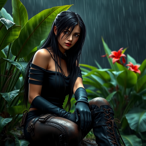 A highly detailed photograph of a woman with long black hair, sitting in the rain beneath lush green foliage. She wears a black off-the-shoulder top, fingerless gloves, and combat boots, giving her a rugged, militaristic look. Her left arm is bandaged, hinting at a recent struggle. The jungle background is vibrant, with large green leaves and red flowers contrasting against the rainy, dark sky. Fine rain droplets add realism and atmosphere to the scene.
