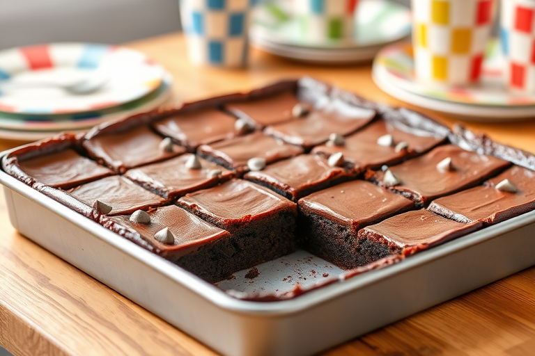 A freshly baked pan of chocolate brownies with a glossy frosting cut into squares sitting on a wooden table with colorful plates and checkered cups in the background.