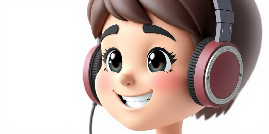 Create a 3D illustration of a cartoon face with headphones, using a Canon EOS R6 camera, 50mm lens, f/2.8 aperture, ISO 100, soft lighting, and a clean white background for a modern aesthetic.
