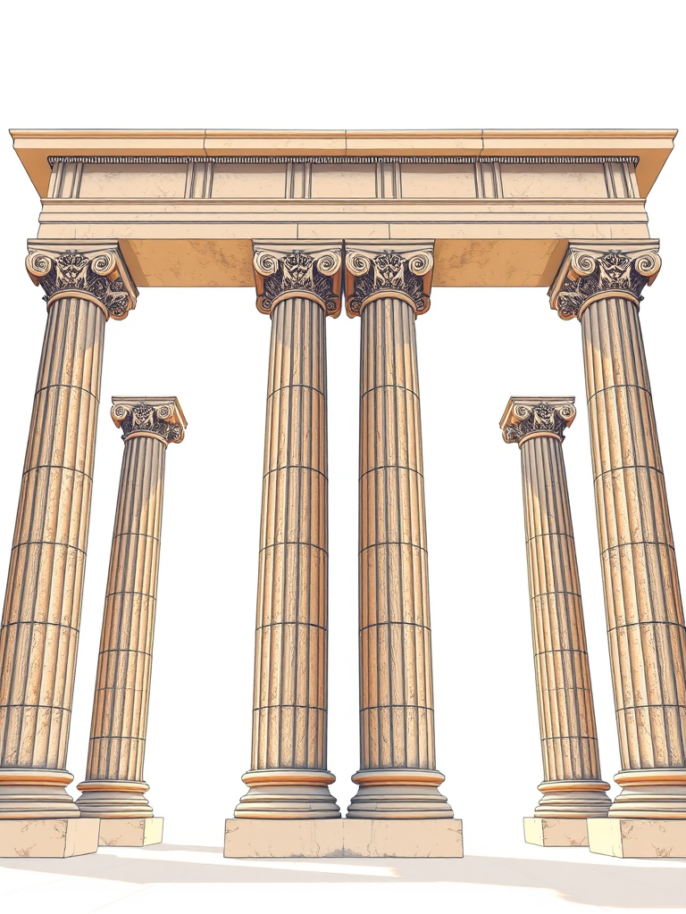 Create a high-resolution illustration of two classical Greek columns, utilizing a DSLR camera with a 50mm lens, f/8 aperture, ISO 100, and a soft natural light setting, in a front-facing symmetrical view to enhance detail and clarity.