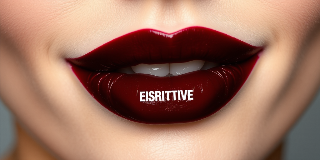 Dramatic black cherry lip stain creates an intense, vampy look on well-defined lips, emphasizing their fullness and creating a striking contrast against fair skin
