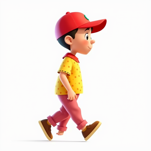 Create an illustration of a cartoon boy walking in profile view, wearing a red cap, yellow shirt with red collar and dots, pink pants, and brown shoes, full-body view, vibrant colors, 3D style, high-resolution, shot with a Canon EOS R5 at f/2.8, 50mm lens, natural lighting.