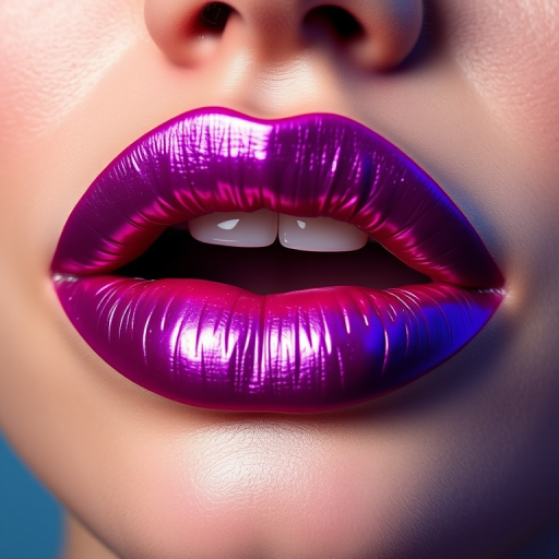 Duochrome lip color shifts from teal to purple, creating a mesmerizing effect on full, pouty lips and emphasizing their unique curves and contours