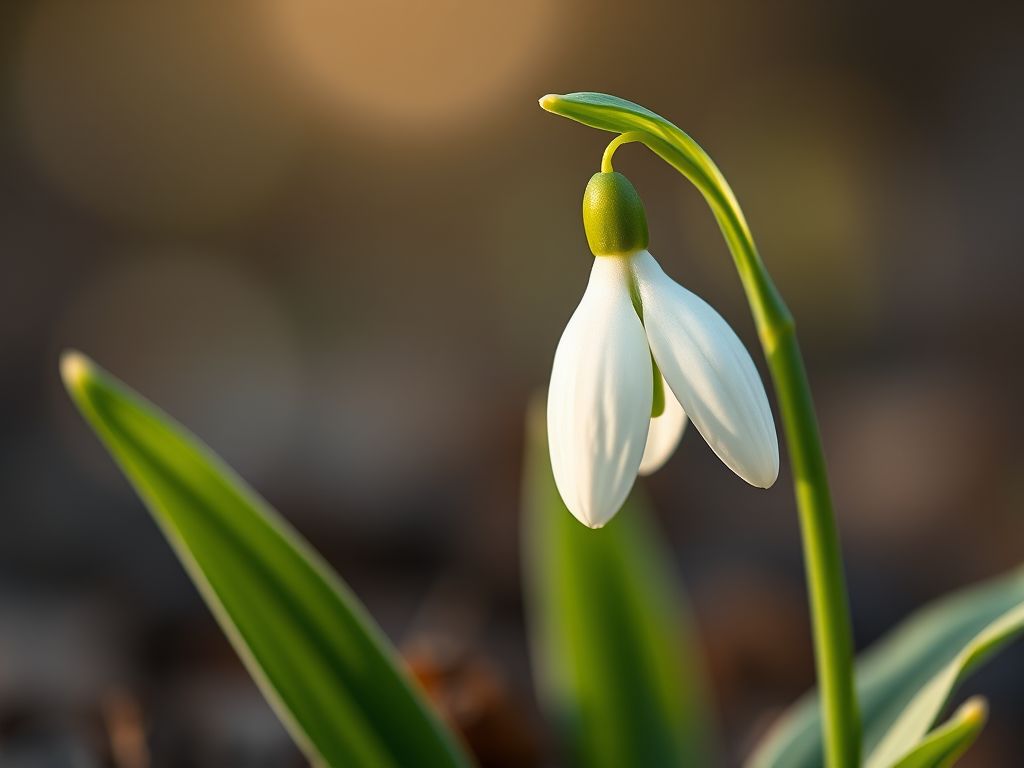 high-resolution illustration of a snowdrop flower with a soft-focus background, captured using a macro lens at f/2.8, shutter speed 1/200s, ISO 100, from a low angle perspective to emphasize the delicate petals and green leaves, using a DSLR camera for detail and clarity