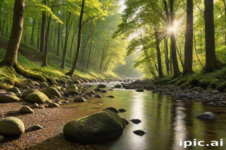 Create an image of a serene, sunlit forest scene with a clear, gently flowing river. Tall trees with lush green foliage line both sides of the river, their leaves bathed in the warm golden light of the setting or rising sun. The sunlight filters through the trees, casting soft, dappled light on the river, which flows over smooth rocks and pebbles, creating a peaceful, natural atmosphere. The sky is bright with a few scattered clouds, and the overall mood is tranquil, evoking a deep sense of connection with nature. The image captures the beauty of a calm, pristine forest landscape at either dawn or dusk.
