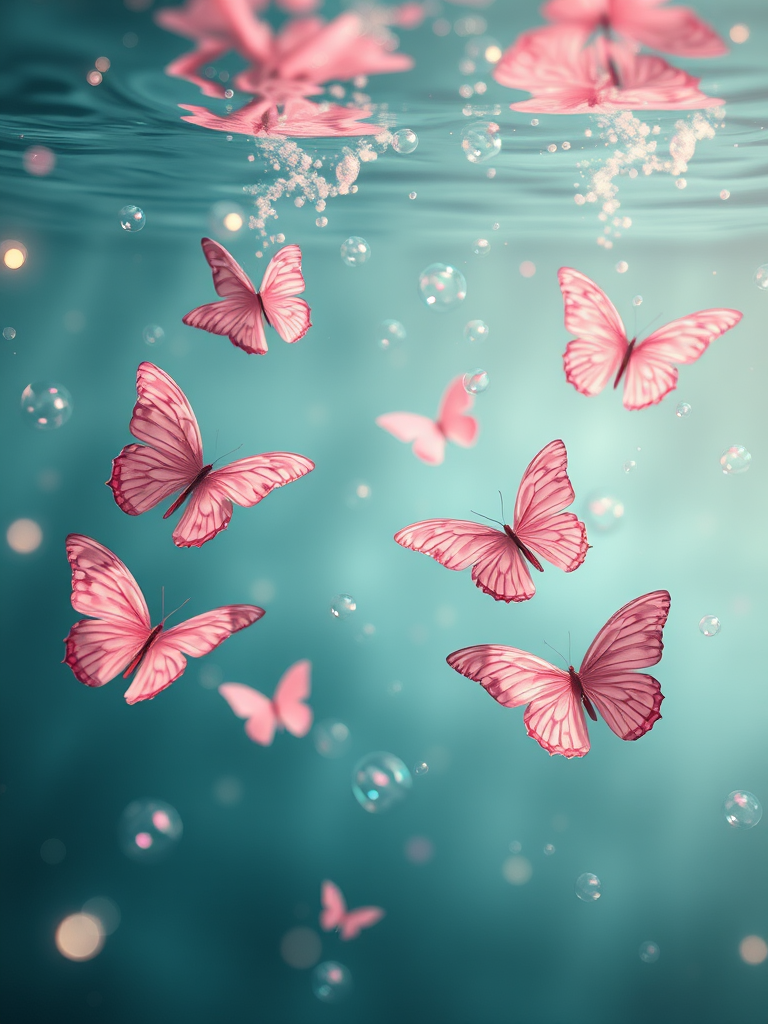 Create an image of a serene underwater scene with delicate pink butterflies floating amidst shimmering bubbles and soft, flowing water reflections. Add a gentle sparkle effect to enhance the ethereal quality of the composition.