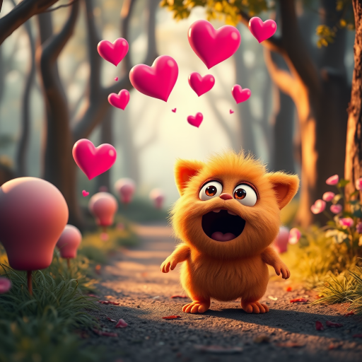A fluffy orange creature with large eyes and a wide open mouth stands on a path in a whimsical forest, bright pink and red hearts float through the air, the creature has a surprised expression, the light is warm and soft, photorealistic, digital art, 3D style