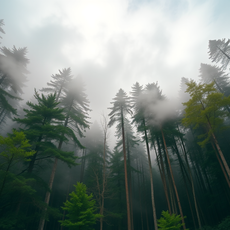Create a high-resolution image of a dense forest with tall trees surrounded by swirling clouds of mist, using a DSLR camera with a focal length of 50mm, aperture set to f/2.8, and a shutter speed of 1/200s, taken from a low angle to emphasize the height of the trees, in a vibrant, cinematic style.