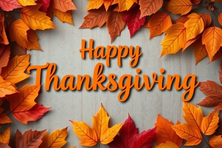 Create a festive Thanksgiving-themed image featuring the text "Happy Thanksgiving" in a decorative orange font, surrounded by autumn leaves in warm colors, captured with a DSLR camera at f/4.0 aperture, ISO 100, 50mm lens, top-down view, soft lighting to enhance detail and texture.
