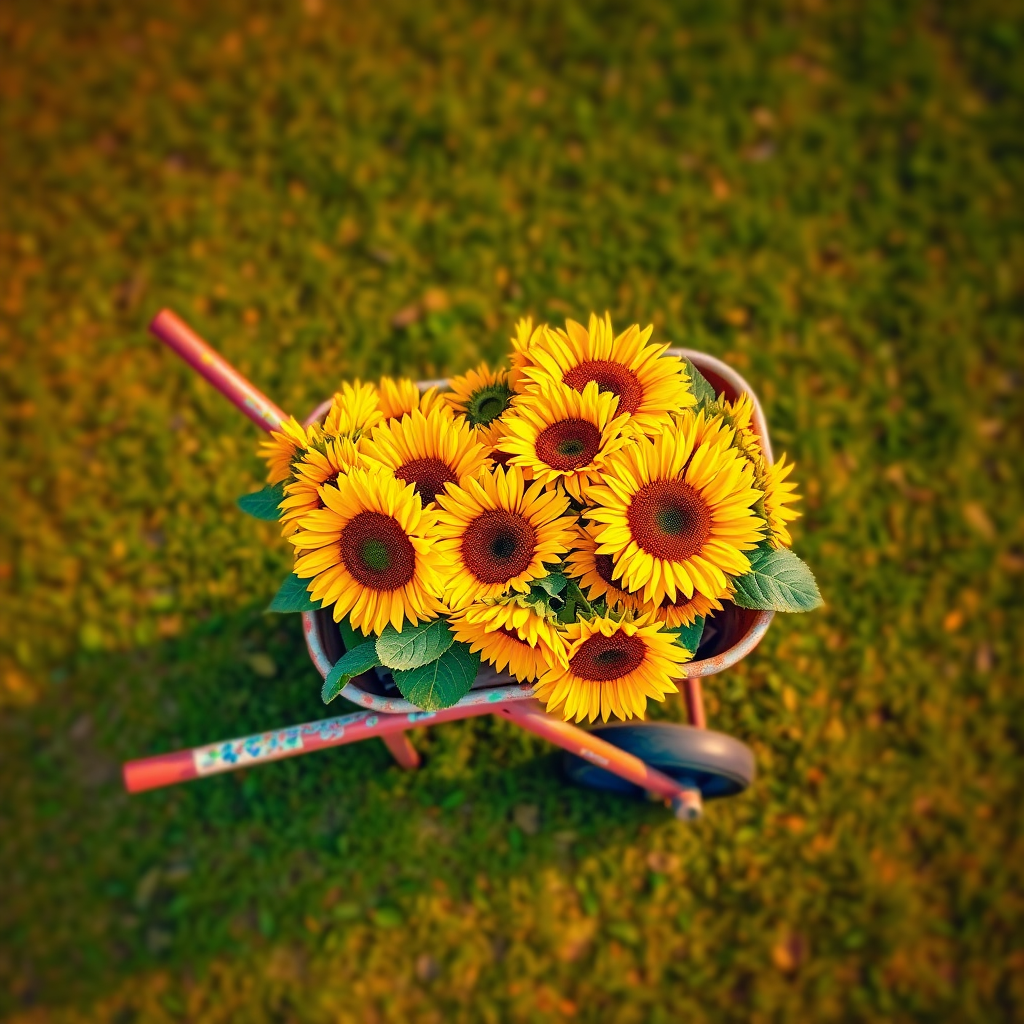 wheelbarrow filled with sunflowers, vibrant orange to green gradient background, shot with a DSLR camera at f/8 aperture, 50mm lens, natural lighting, top-down view, high dynamic range imaging