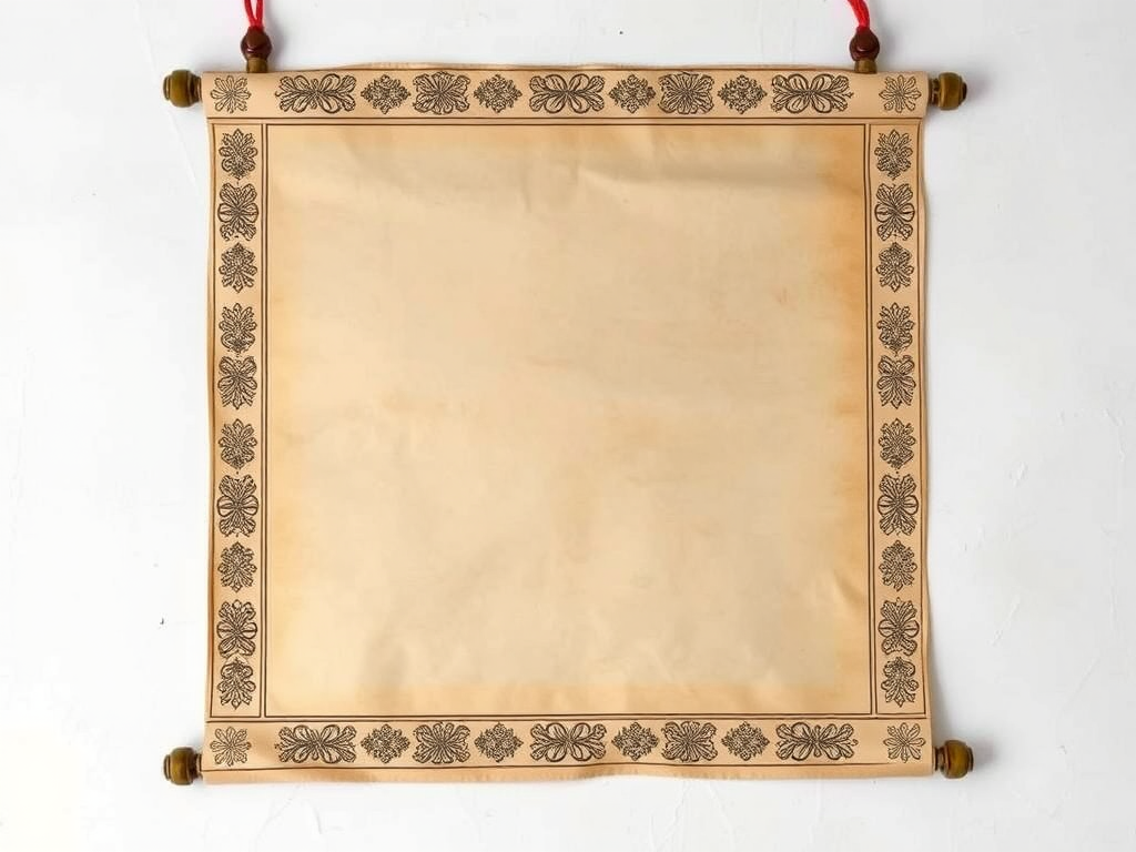 Create a high-resolution image of a traditional scroll with intricate border designs, centered on a blank canvas, using a DSLR camera at f/8 aperture, ISO 100, and a 50mm lens, captured from a straight-on view with soft lighting to enhance the colors and details.