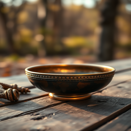 A detailed close-up shot of a beautifully crafted bronze bowl on a rustic wooden table, surrounded by soft bokeh lights in a tranquil natural setting, with a warm color palette; camera settings: ISO 100, aperture f/2.8, shutter speed 1/60s; using a Canon EOS R with a 50mm lens; shot in natural light for enhanced clarity and depth.