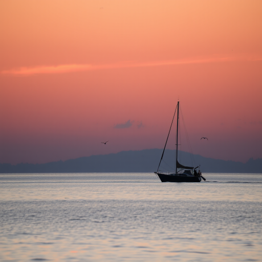 Create a serene sunset scene with a silhouetted sailboat on calm waters, using a Canon EOS R5 camera with a 50mm f/1.8 lens at ISO 100, aperture f/11, and shutter speed 1/200s, capturing a pastel pink sky with softly glowing clouds and distant birds, ensuring a smooth reflection on the water's surface.