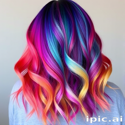 Whimsical rainbow ombré style called "Prism Cascade" blending seamlessly from vibrant red roots through the color spectrum to deep purple ends
