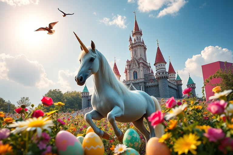 create a whimsical scene featuring a majestic unicorn in front of a fairytale castle, surrounded by colorful flowers and Easter eggs, with two birds flying in the sky and a large sun, shot with a Canon EOS R5 at f/8, ISO 200, 24mm wide-angle lens, high dynamic range, bright and vivid colors, capturing a magical atmosphere.