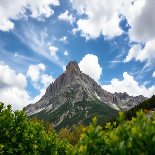 capture a high-resolution landscape photograph of a rocky mountain peak under a partly cloudy sky with vibrant greenery in the foreground using a DSLR camera at f/8, ISO 100, 1/200s, wide-angle lens, shot from a low angle to emphasize the mountain's height