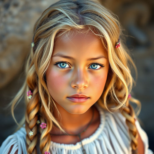 Create an image of a young Garifuna woman with long, wavy blonde hair, adorned with small, colorful flowers woven into her braids and loose strands. Her complexion is fair, with soft, glowing skin, and she has light blue eyes that gaze softly at the viewer. She wears a light, flowing dress with a gentle, ethereal quality, complementing her delicate and serene appearance. The background is slightly blurred, drawing focus to her tranquil expression and the intricate details of the flowers in her hair. The overall mood of the image is one of natural beauty and grace, evoking a sense of peacefulness and connection with nature.