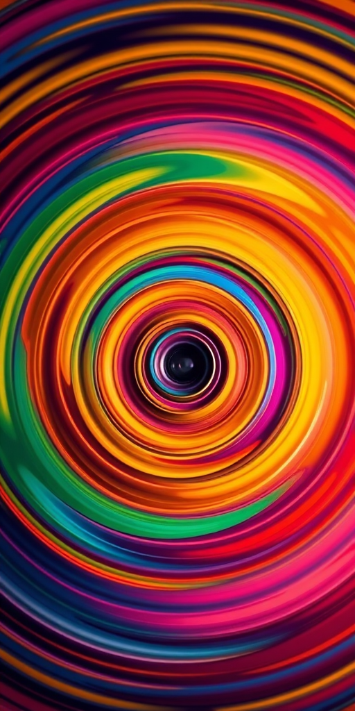 Create a vibrant, swirling abstract image featuring concentric circles in a myriad of colors, using a Canon EOS R5 camera, 50mm lens, f/1.8 aperture, ISO 100, and a shallow depth of field for enhanced vibrancy and clarity, shot in a top-down view.