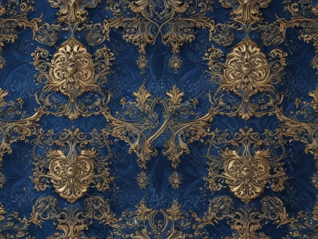 Elegant Blue and Gold Damask Pattern with Intricate Floral Designs.