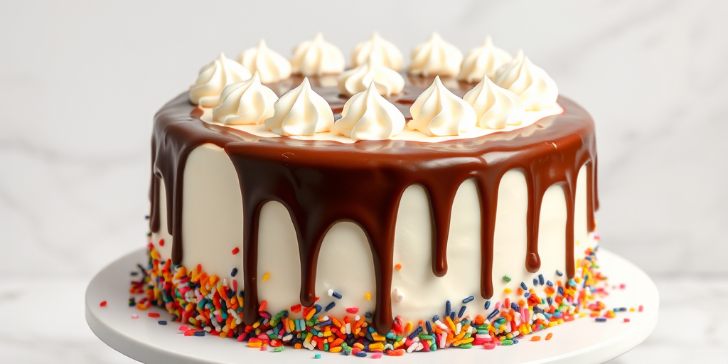 Create an image of a round cake with white frosting topped with chocolate ganache drips and a decorative border of whipped cream on top. The sides of the cake should be covered in a colorful assortment of sprinkles, and it should be placed on a white cake stand against a light marble background.