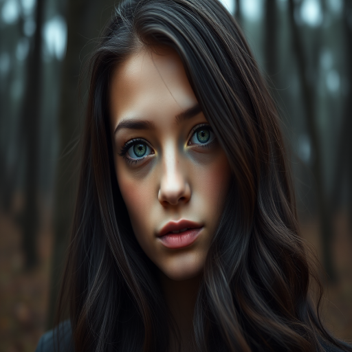 A close-up portrait of a young woman with long, wavy, dark hair and striking green eyes set against a mystical forest background, captured with a Canon EOS R5, 50mm f/1.2 lens, natural light, shallow depth of field, soft focus style.