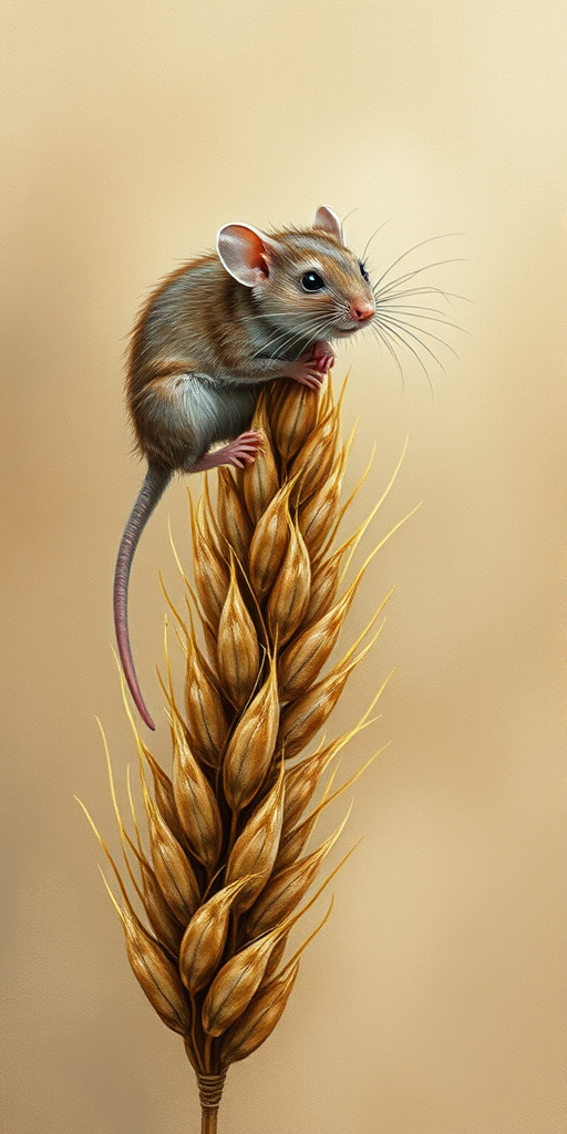 Soft, muted Alcohol Ink with ebru effect background image of tiny whimsical rat, who climbed high on the top of a golden rye ear.