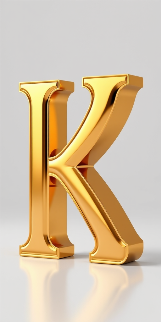 Create a 3D rendering of a gold letter K with a glossy finish and intricate details, using a Canon EOS R5 camera at f/2.8 aperture, ISO 100, 50mm lens, in a soft light studio setting, focusing on the reflections and texture of the surface to enhance image quality.
