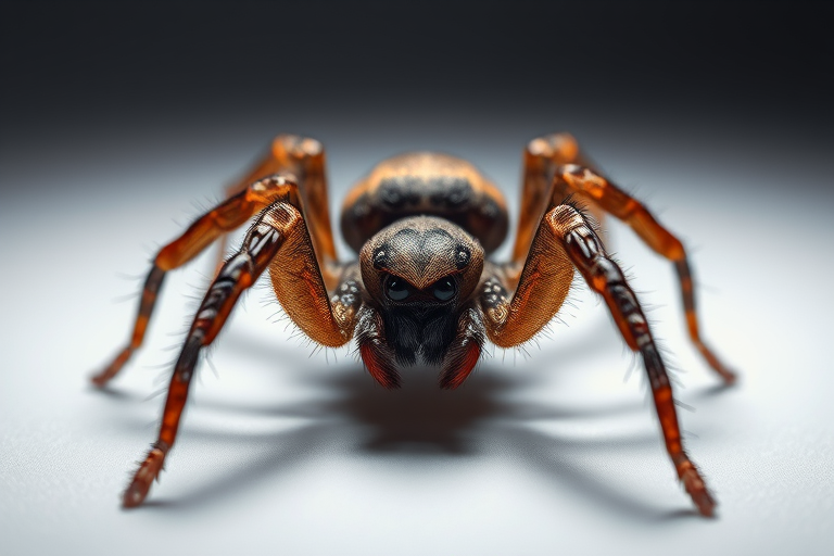 Generate a realistic 3D render of a spider with detailed textures, captured with a DSLR camera at 50mm lens, f/2.8 aperture, ISO 100, in a softbox studio lighting setup from a low angle to emphasize its features.
