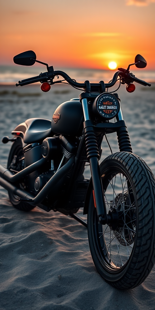 Create a hyper-realistic image of a matte black Harley-Davidson motorcycle parked on a sandy beach at sunset, using a DSLR camera with a 50mm lens, aperture f/1.8, ISO 100, shutter speed 1/250s, and a low angle perspective to enhance the details and depth.